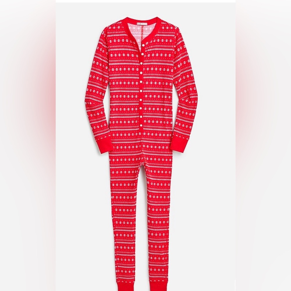 J CREW HOLIDAY Red Fair Isle Henley Waffle union suit pajamas Size XXL NWT